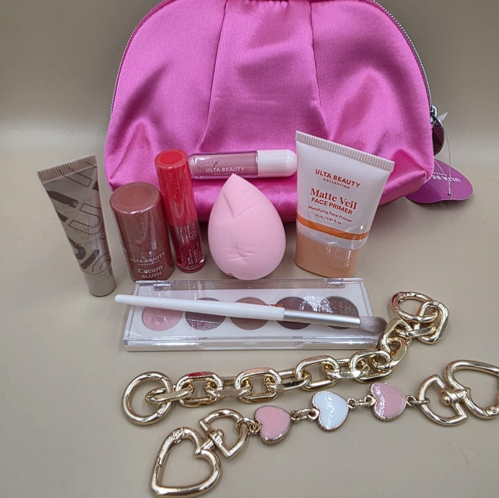 Ulta Beauty Hot Pink Satin Cosmetic Pouch with Makeup Essentials - Picture 3 of 3